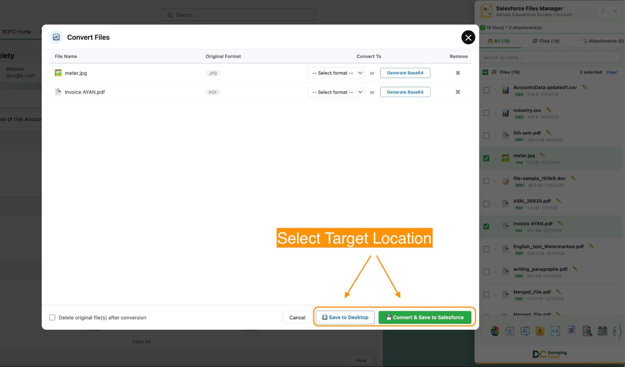 Dumping Cloud Convert Salesforce Files save destination options