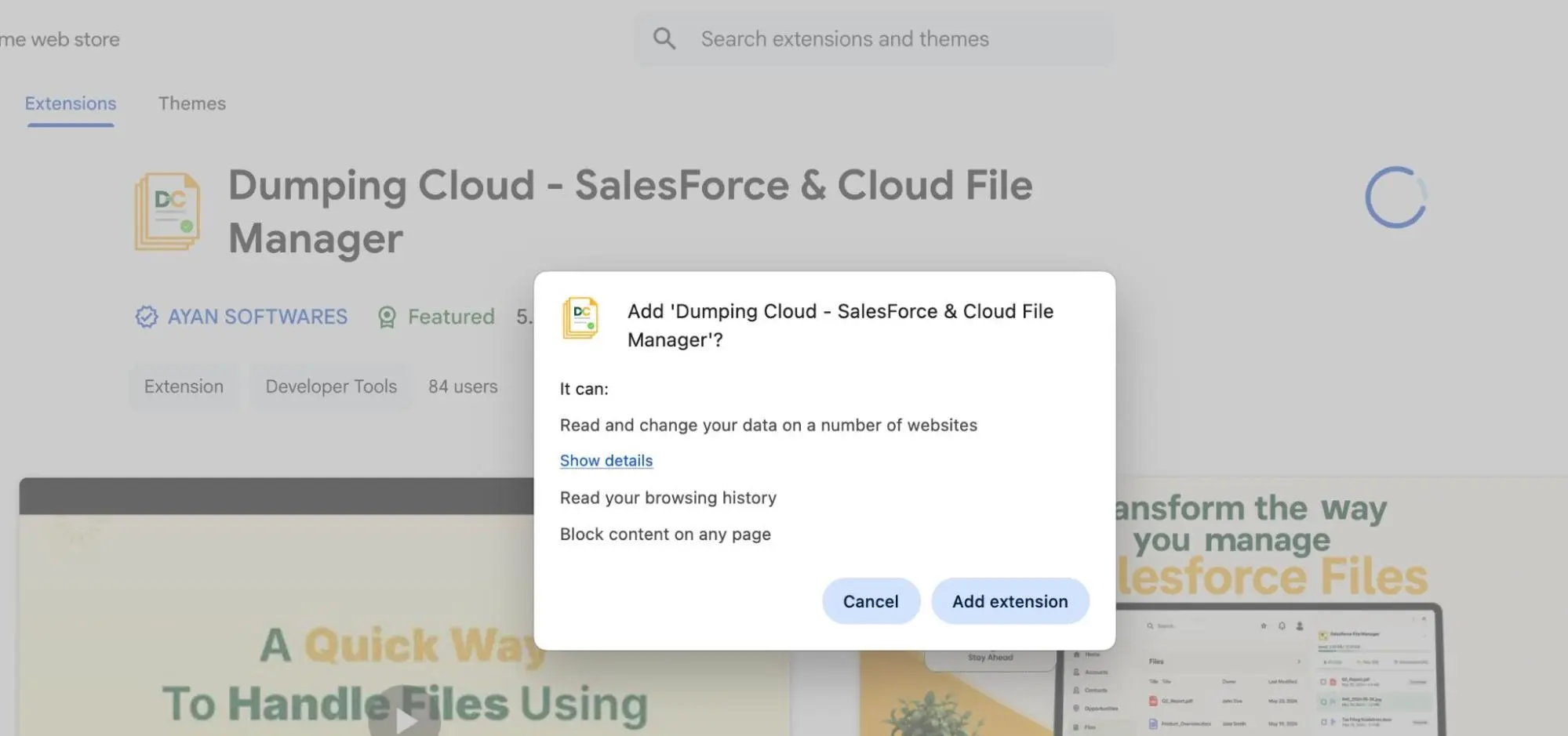 How to Manage Google Drive Files in Bulk Without Downloading Them 3 Browser permission dialog for adding the DumpingCloud extension