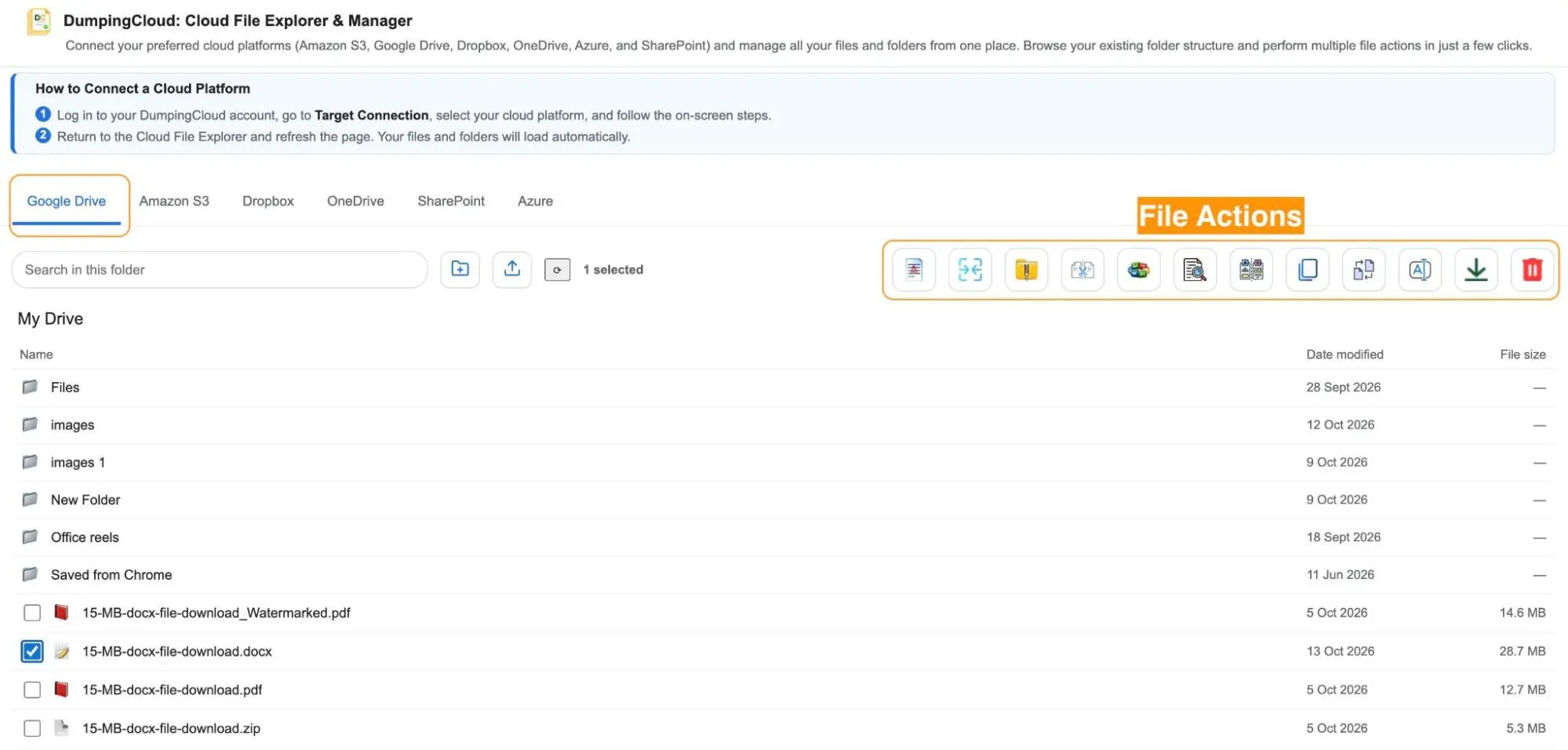 How to Manage Google Drive Files in Bulk Without Downloading Them 1 DumpingCloud Cloud Explorer showing Google Drive folders mirrored inside the browser