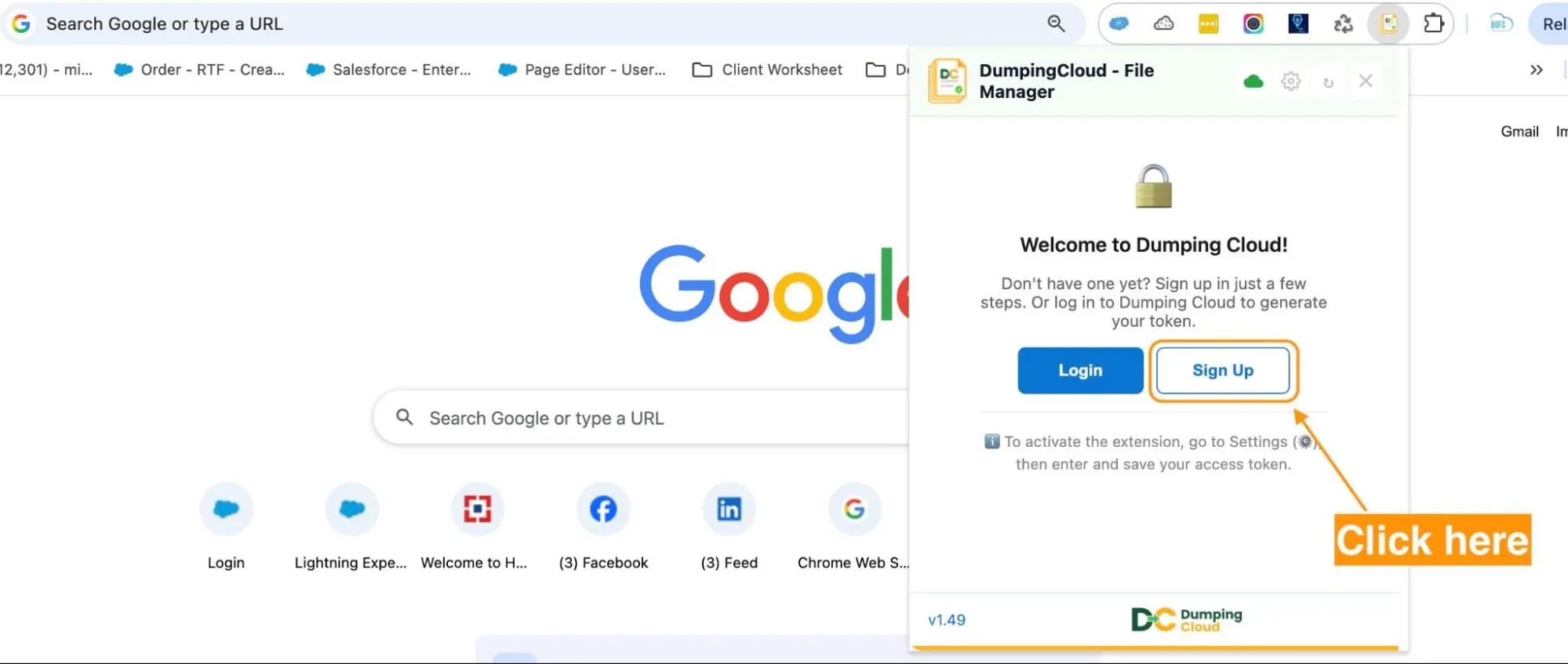 How to Manage Google Drive Files in Bulk Without Downloading Them 5 DumpingCloud extension panel with Sign Up and Open Portal options